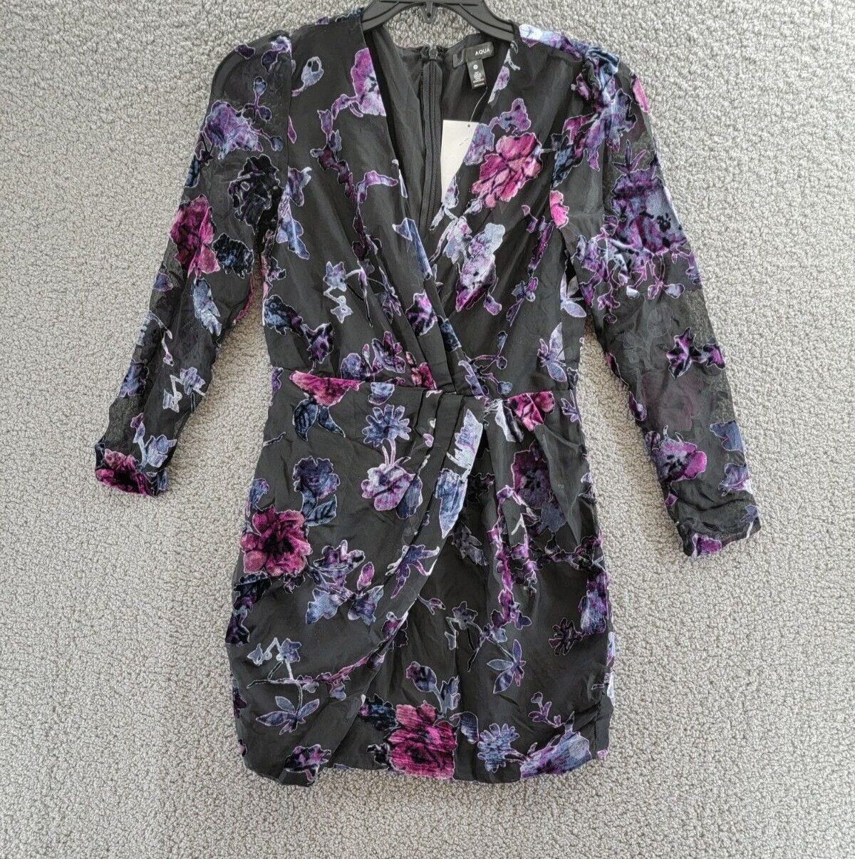 AQUA Floral Velvet Burnout Mini Dress Women's M Black Multi Back Zip Closure - Picture 2 of 16