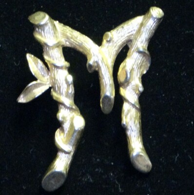 Letter M Initial Monogram Gold Tone BAMBOO Pin Brooch 70's Sarah Coventry