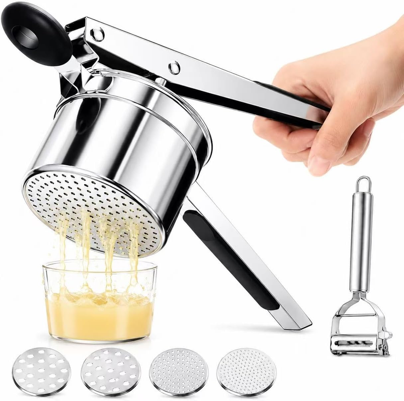 Stainless Steel Potato Ricer Heavy Duty Potatoes Masher with 4 Interchangeable D