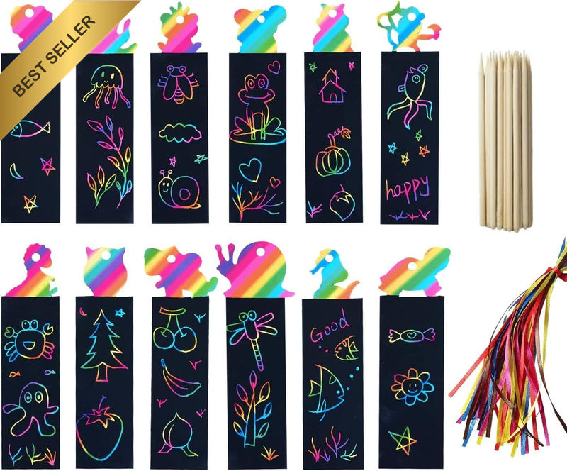 Animal Bookmarks Set for Children - 48 Pieces Rainbow Scratch Art with 24 Wooden