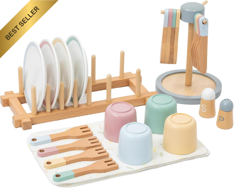 Wooden Play Dishes Set, Pretend Play Dinnerware Set, Kitchen Accessories with Pl