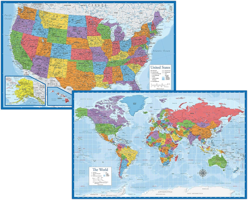 Laminated World Map & US Map Poster Set - 18