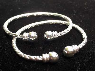 Pair Of Plain Ball Head Handmade West Indian Sterling Silver Bangles - Baby Size