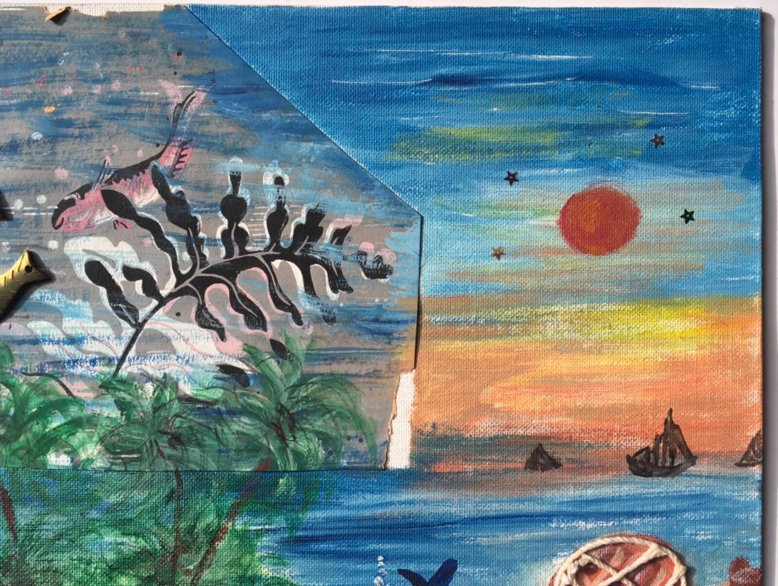 Modernist Original Expressionism Oil Painting Coastal Seascape Navy Sailors Port