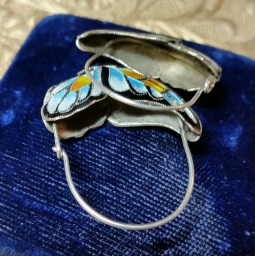 Vintage Antique Chinese Fine Sterling Silver Enamel Butterfly Hook Earrings