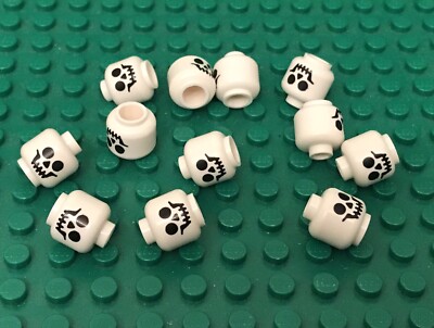 Lego 12 White Skeleton Mini Figured Skull Head With Standard Pattern Bulk Parts