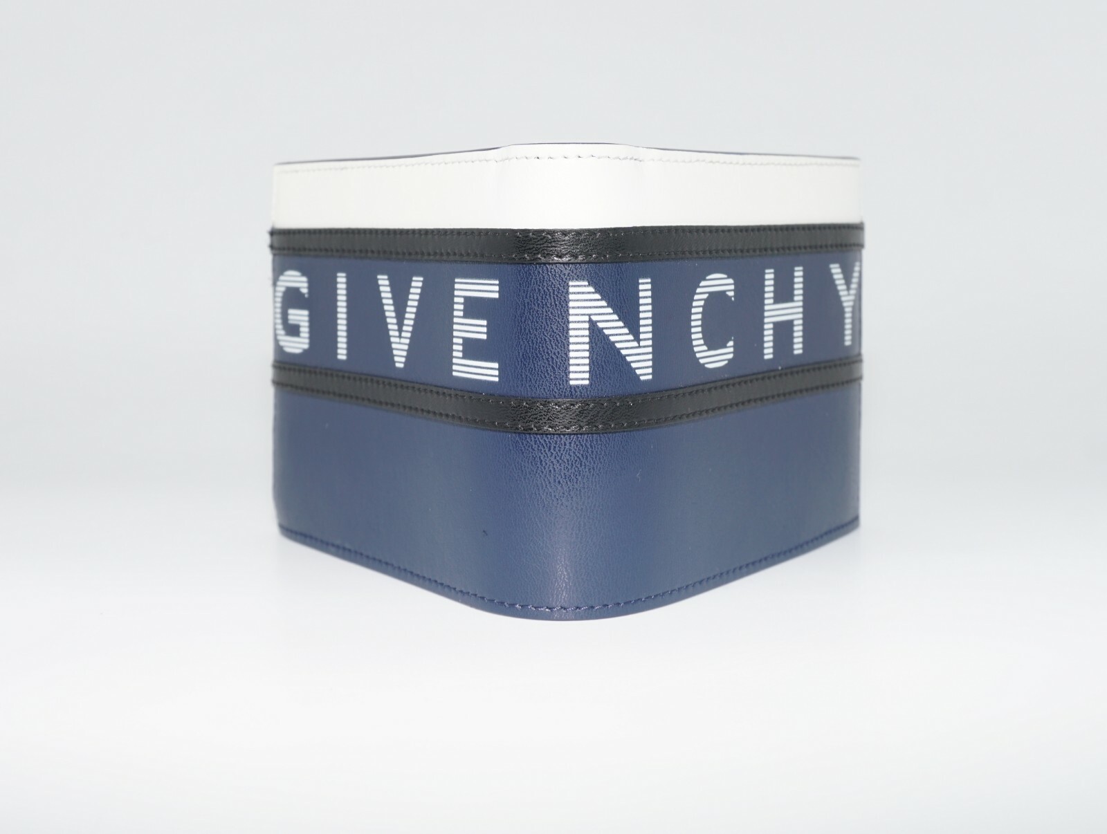 Pre-owned Givenchy Men's Reverse Logo Leather Billfold Wallet, Blue/black/white, Msrp $575