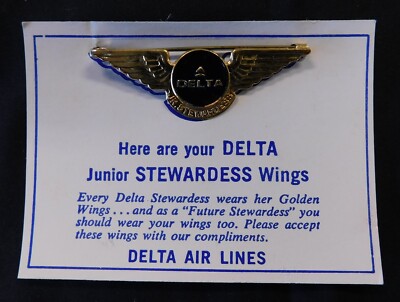 Delta Air Lines Vintage Junior Stewardess Wings Pin With Original Card