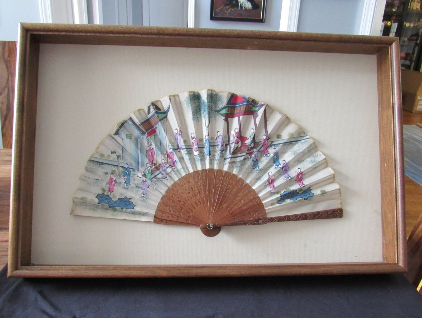 Antique Chinese Hand Painted 100 faces Fan, Elaborately Carved Sandalwood