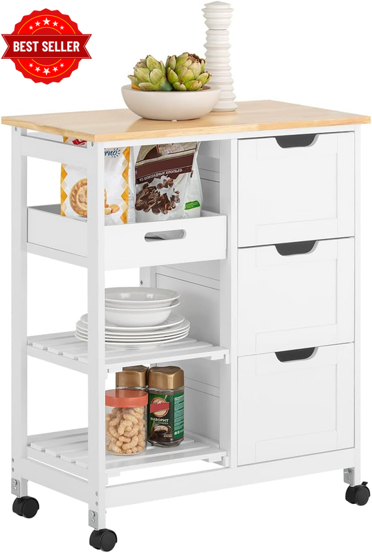Kitchen Serving Cart with 3 Drawers and Removable Tray Storage Trolley Cart Kitc