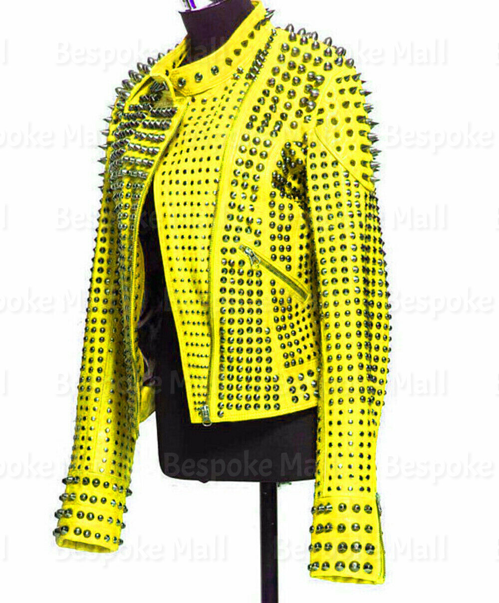 Pre-owned Handmade Woman's Yellow Silver Spiked Studded Punk Unique Cowhide Leather Jacket-713