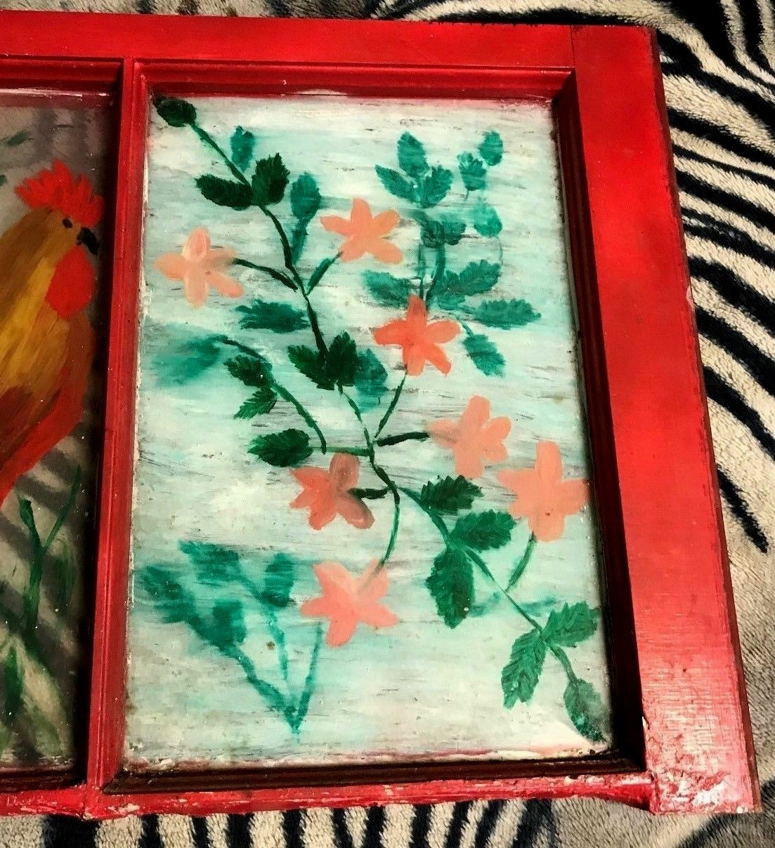 vintage ROOSTER PAINTED art GLASS WINDOW PANES FRAME (32 X 16