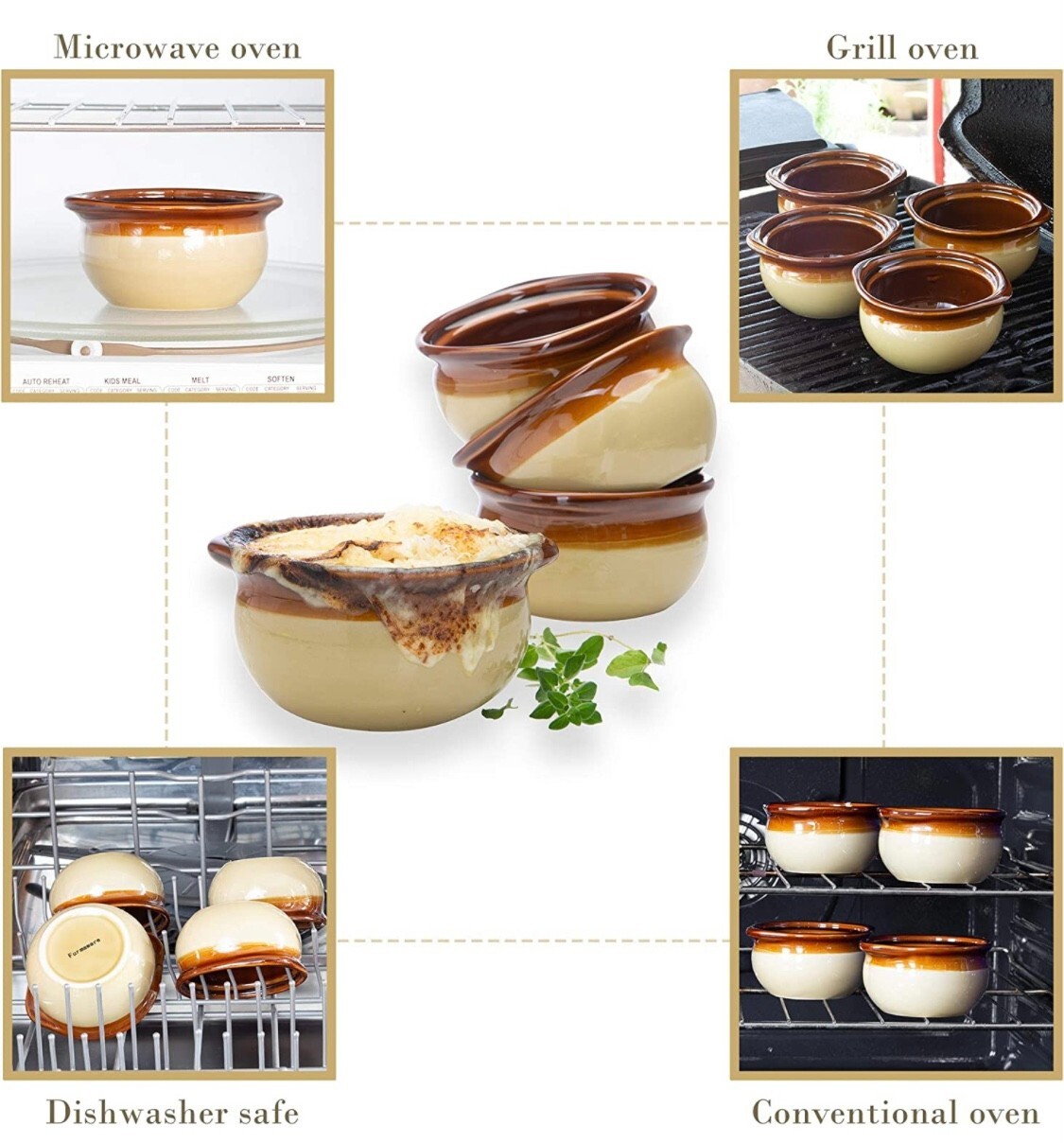 Set of 4 French Onion Soup Crocks 12 oz Brown & Ivory Ceramic Porcelain Bowls