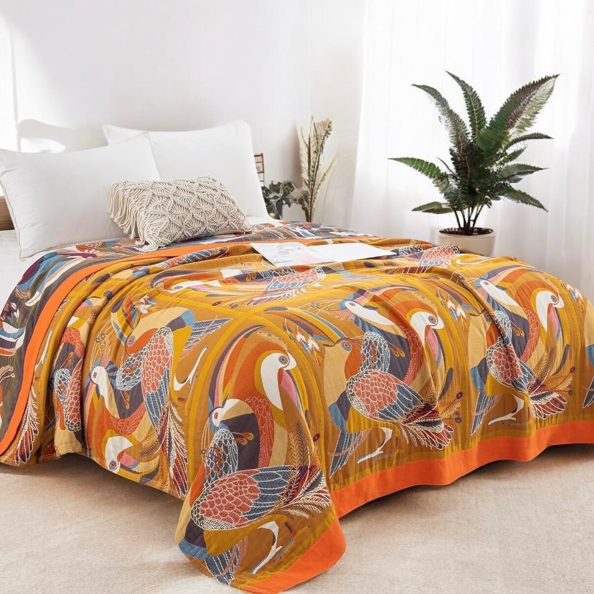 NEW XL Anthropologie Boho Bird Orange Throw Blanket