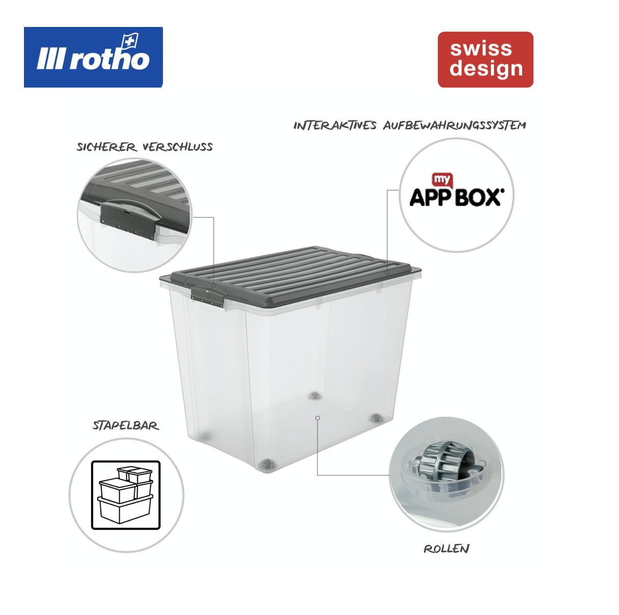 Rotho Compact mit App Aufbewahrungsbox A3 groß Deckel Rollen Kunststoff  70l 