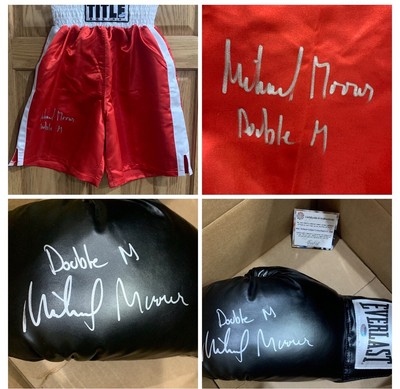 MICHAEL MOORER SIGNED EVERLAST GLOVE &  SIGNED TRUNKS COMBO COA INCLUDED