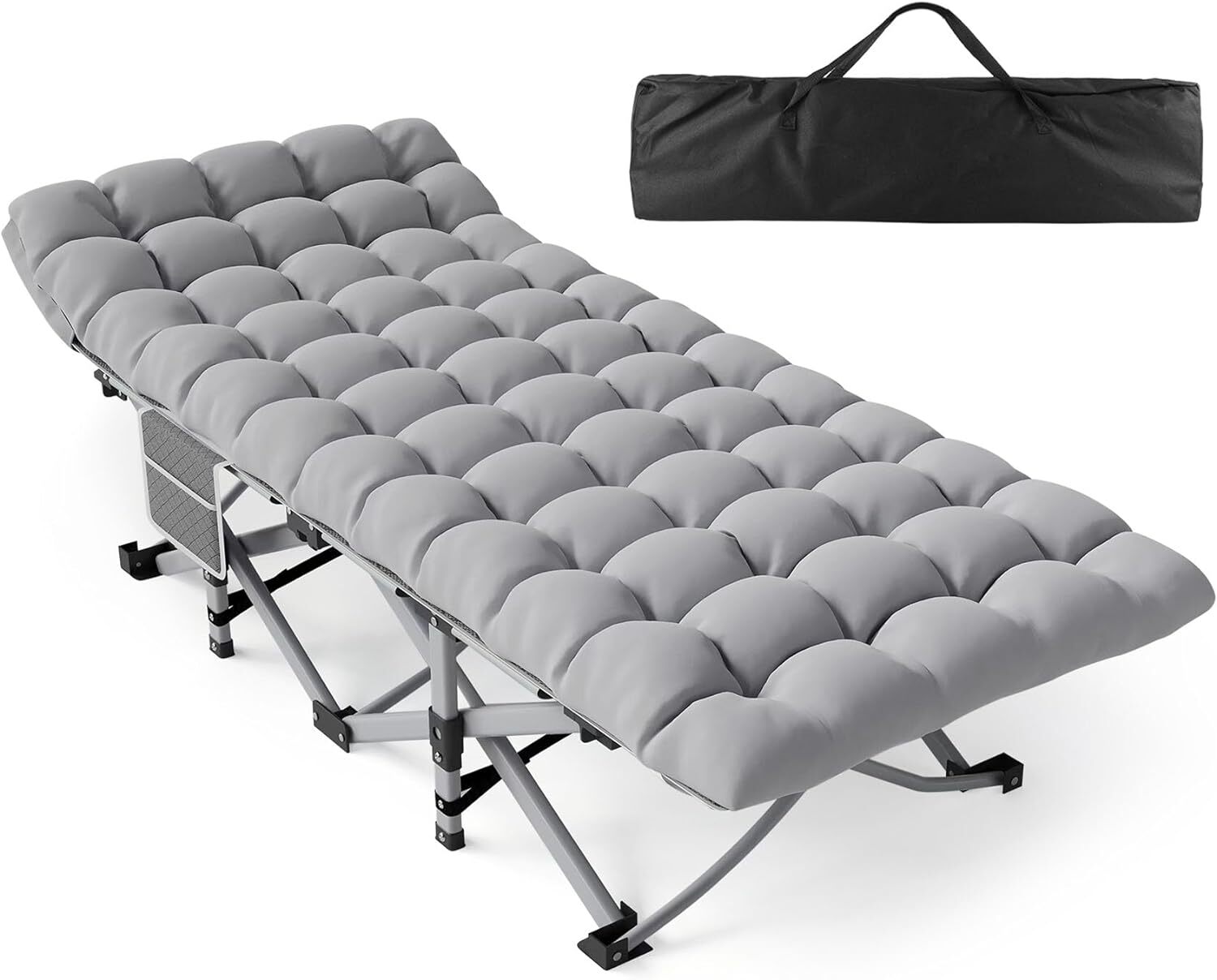 Folding Camping Cot with Mattress.Portable Travel Cot Bed for Tent, Gray Pad