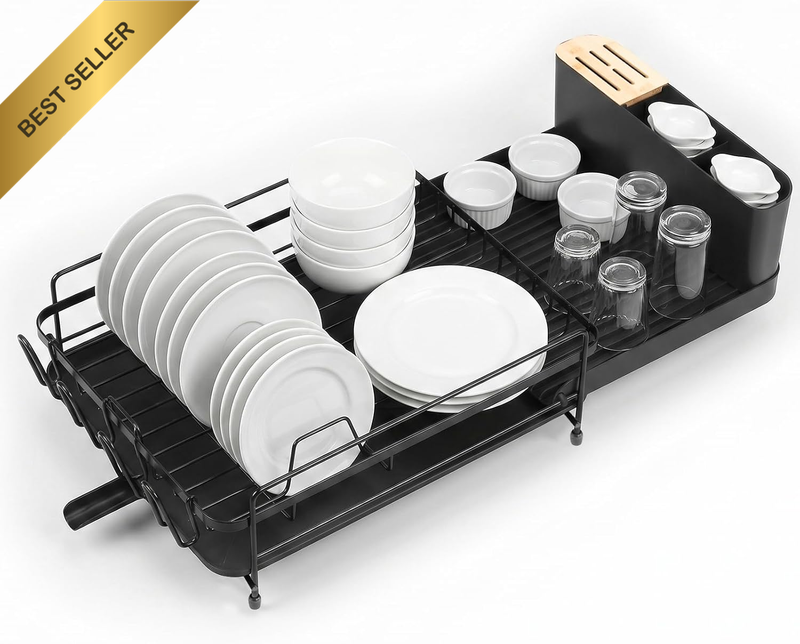 Dish Drying Rack, Extendable Dish Drainer with 360° Rotatable Drain Spout, Anti-