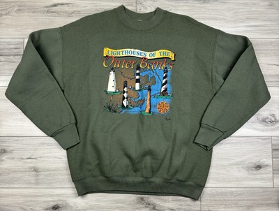 VTG 90s Outer Banks Lighthouse Sweatshirt Olive Green Heavyweight Sz Large