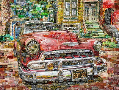 Art Collage Poster Old America Antique Chevrolet Made Out Of Car Plates