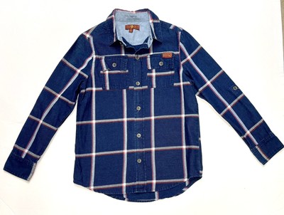 7 For All Mankind Boys Navy Red Plaid Lumber Jack Pockets LS Dress Shirt Size: 6