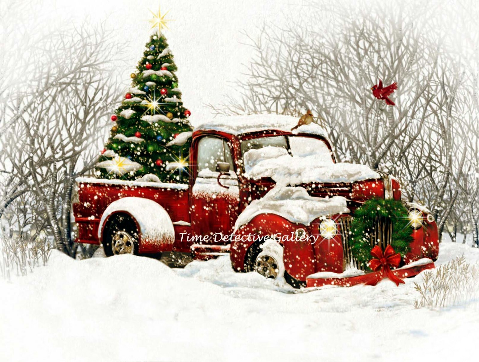 vintage-red-truck-christmas-scene-color-art-print-ebay