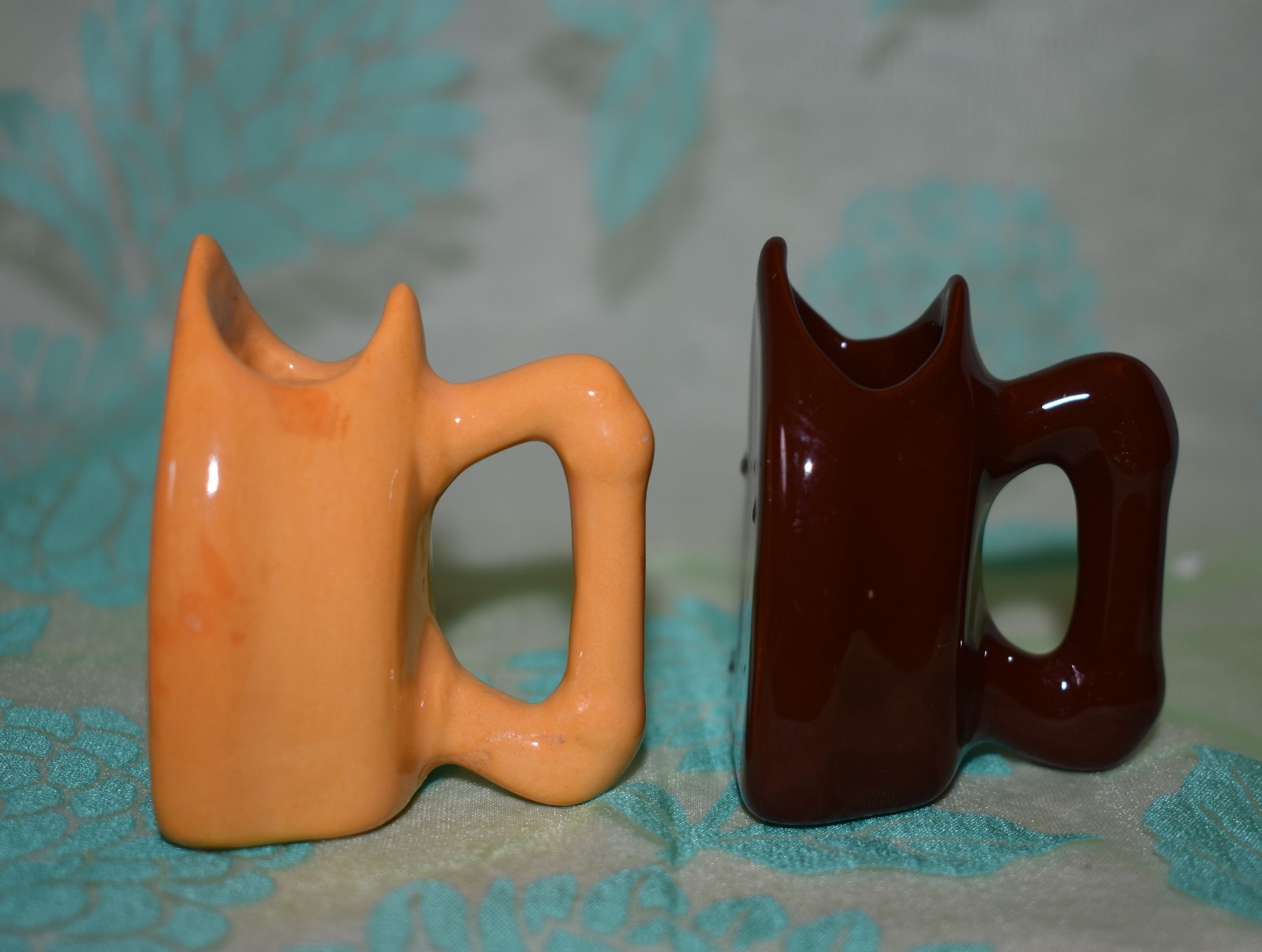 IRON shaped Toothpick Holders set of 2 Yellow and Brown over 2 inches tall