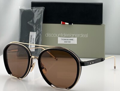 Thom Browne Aviator Sunglasses TBS810-56-01 Black Gold Frame Brown Lens NEW