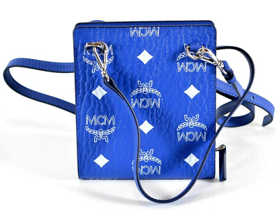 Pre-owned Mcm Blue Visetos Coated Canvas Wallet On Chain Mini Crossbody Purse Bag