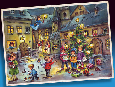 SCHÖNER ALTER ADVENTSKALENDER HACO 0245 STERNSINGER AM STADTPLATZ BAUM 1950er