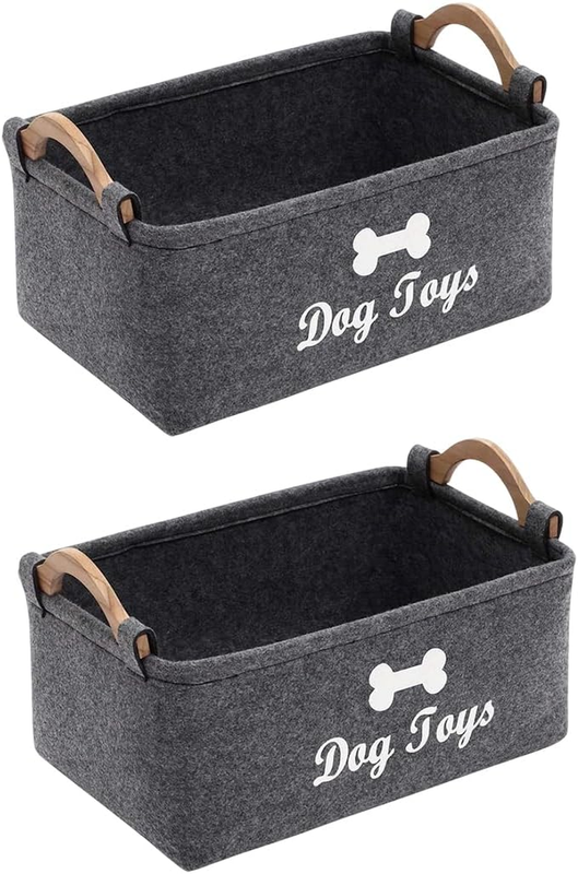 2PCS Felt Storage Baskets with Wooden Handles, Portable Desktop and Laundry Orga