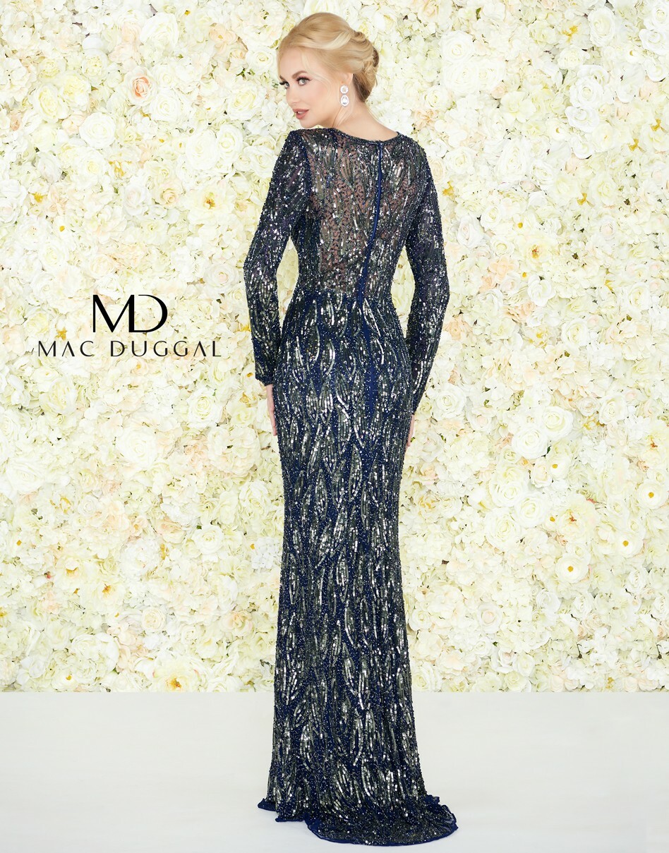 

MAC DUGGAL 4578D Темно-синее темно-синее платье металлик с длинными рукавами и V-образным вырезом из бисера, Multicolor, 4578D