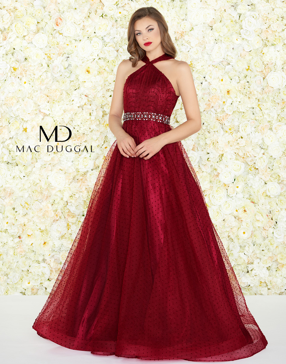 MAC DUGGAL 67663R Бордово-красное бальное платье в горошек, расшитое бисером, с бретелькой на шее, 4