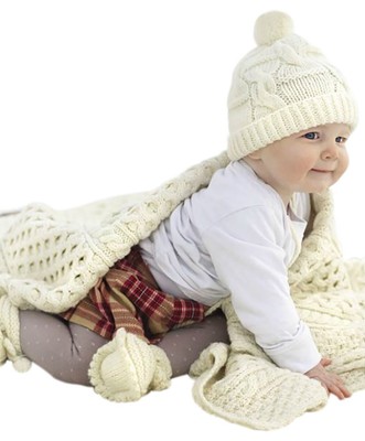 Irish Baby Blanket 100% Merino Wool Aran Throw for Kids