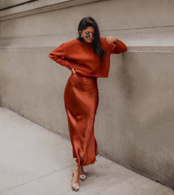 Rust silk cheap midi skirt