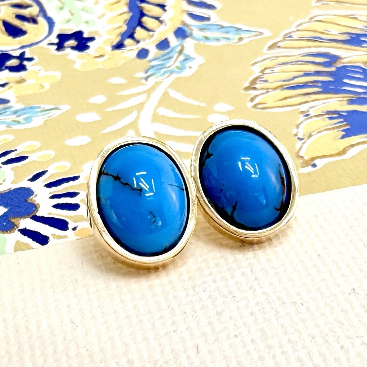 14k Yellow Gold Egyptian Turquoise Custom Made Stud Earrings, New Pair #3 - Picture 3 of 9