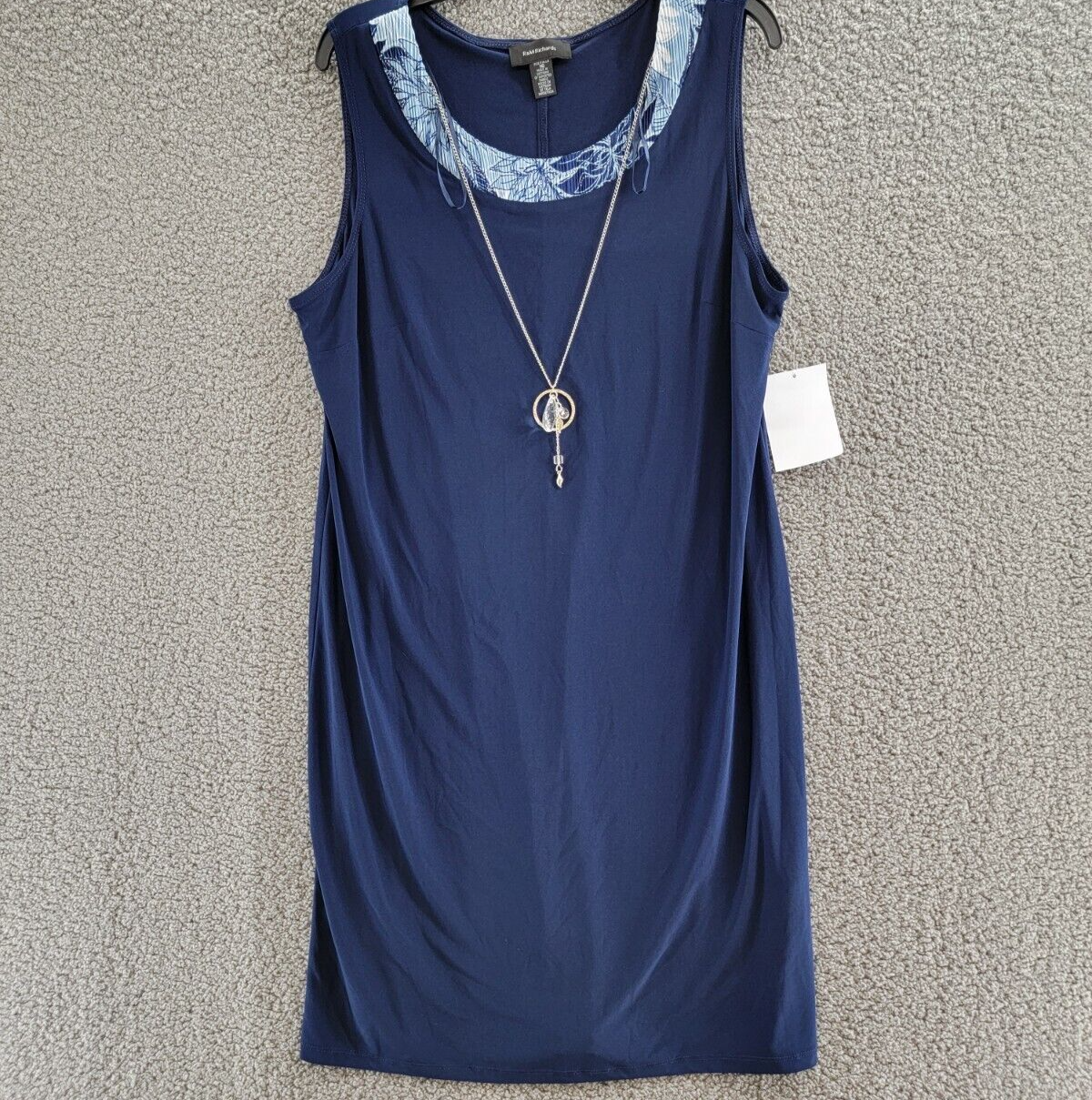 R & M Richards Flyaway-Airbrush Puff-Print Necklace Dress Women's 16 Navy/Denim - Picture 2 of 16