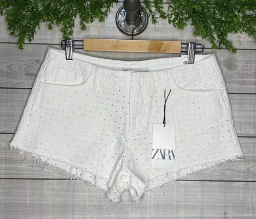 Zara White Denim Shorts With Cutwork Embroidery Women's Size