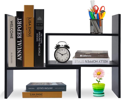 Expandable desk shelf outlet