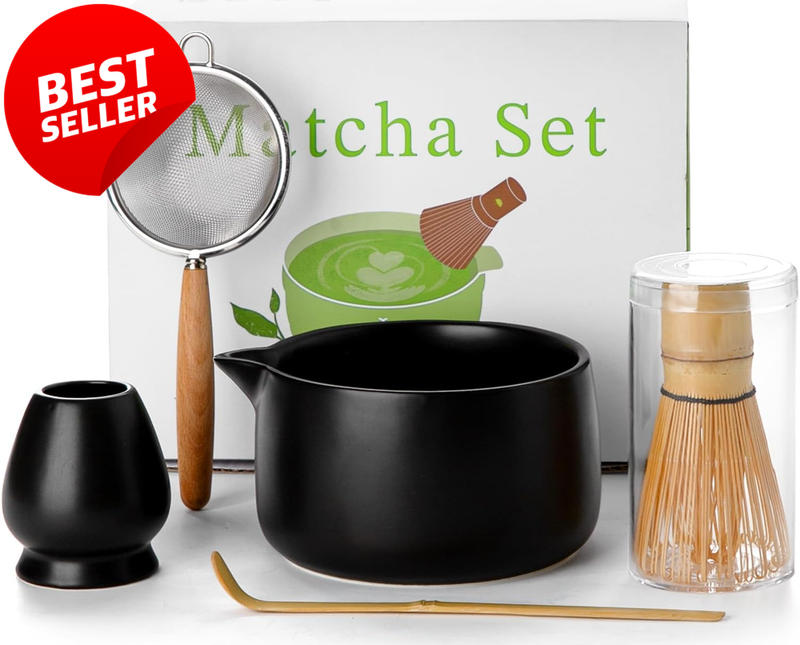 20oz 5-Pc Matcha Whisk Set Matte Black Bowl Bamboo Scoop Sifter Holder - US