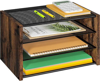 3-Tier Paper Organizer Letter Tray, Wooden Desk File Organizer, Stackable Metal 