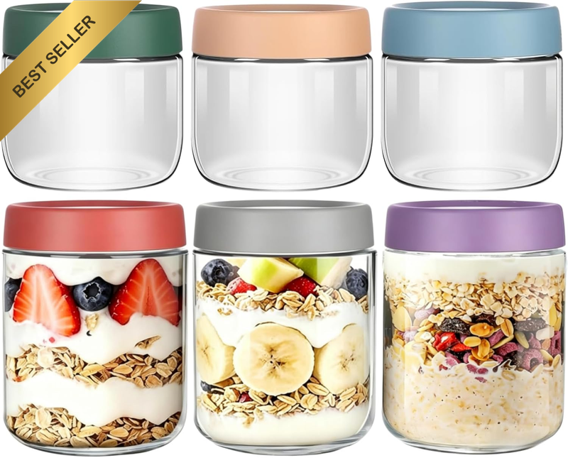 Overnight Oats Container Jar with Airtight Lid, Freezer Dishwasher Safe Glass Fo