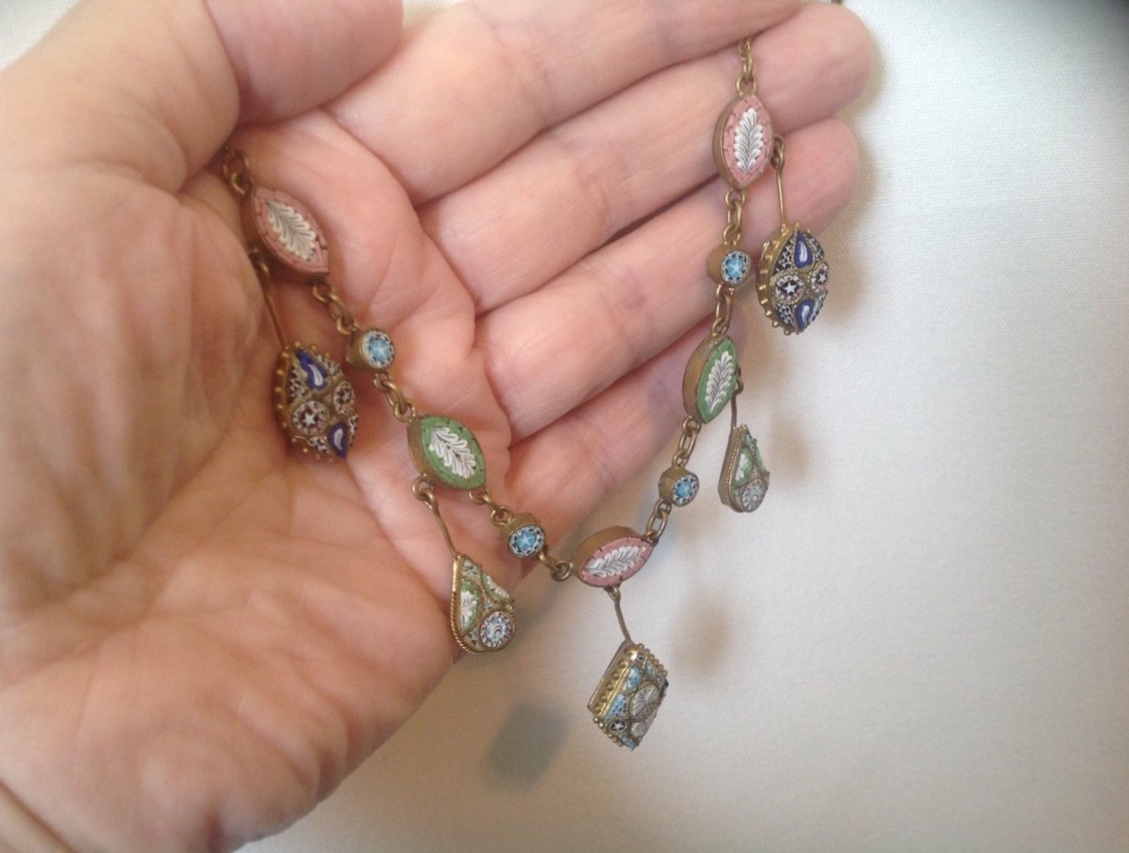 Antique Victoria Grand Tour Pastel Italian Etruscan Revival Micromosaic Necklace