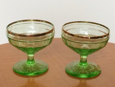 2 Vintage Green Vaseline Depression Glass Sherbert Dessert Footed Dish Optic