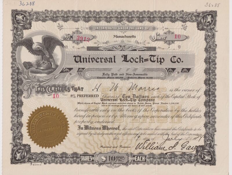 1929 Universal Lock Tip Co.  Stock Certificate Massachusetts