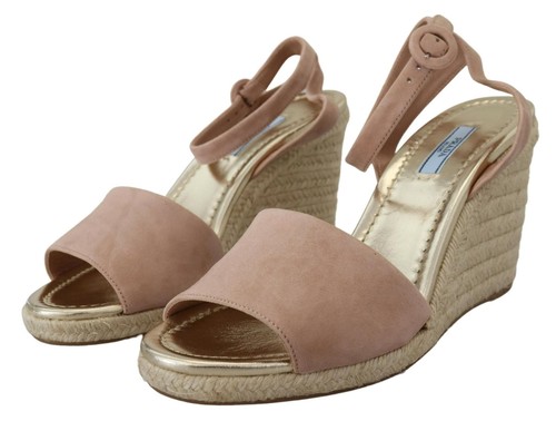 Pre-owned Prada Women Pink Beige Sandals Suede Solid Ankle Strap Casual High Wedge Shoes