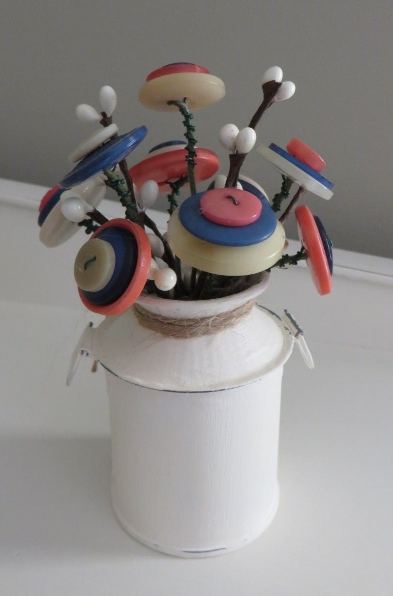 Button Flower Bouquet in Mini Milk Can (Rustic Decor Painted Ivory) - Item #176