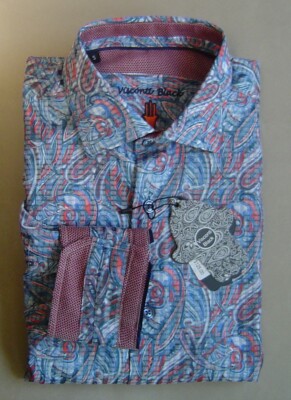 NWT $125 LUCHIANO VISCONTI BLACK Mens S COTTON BLEND PAISLEY SHIRT Blue 4181