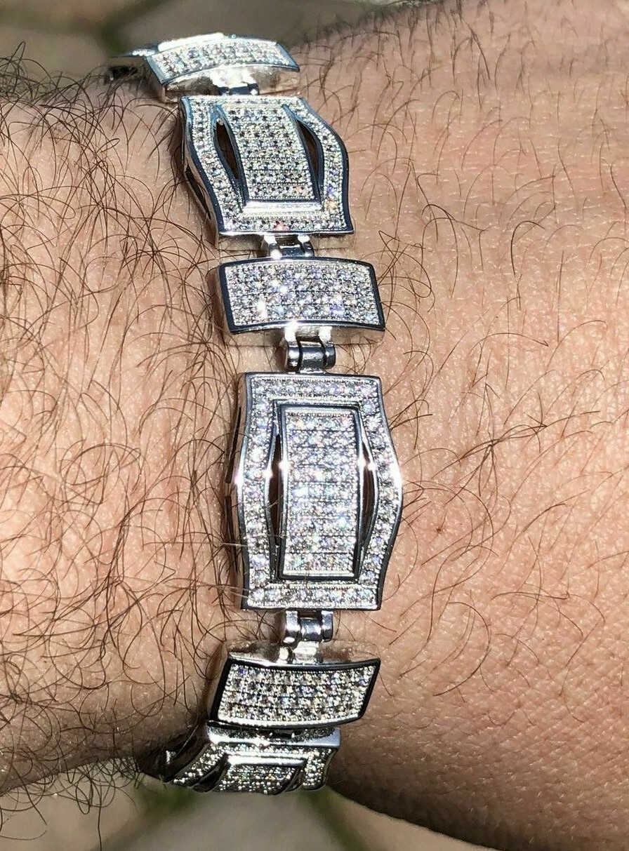 Pre-owned Online0369 2 Ct Round Cubic Zirconia Mens Tennis Link Bracelet White Gold Plated Silver