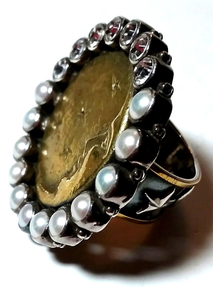 MARS & VALENTINE STERLING SILVER MAN IN THE MOON CELESTIAL STARS PEARL HUGE RING